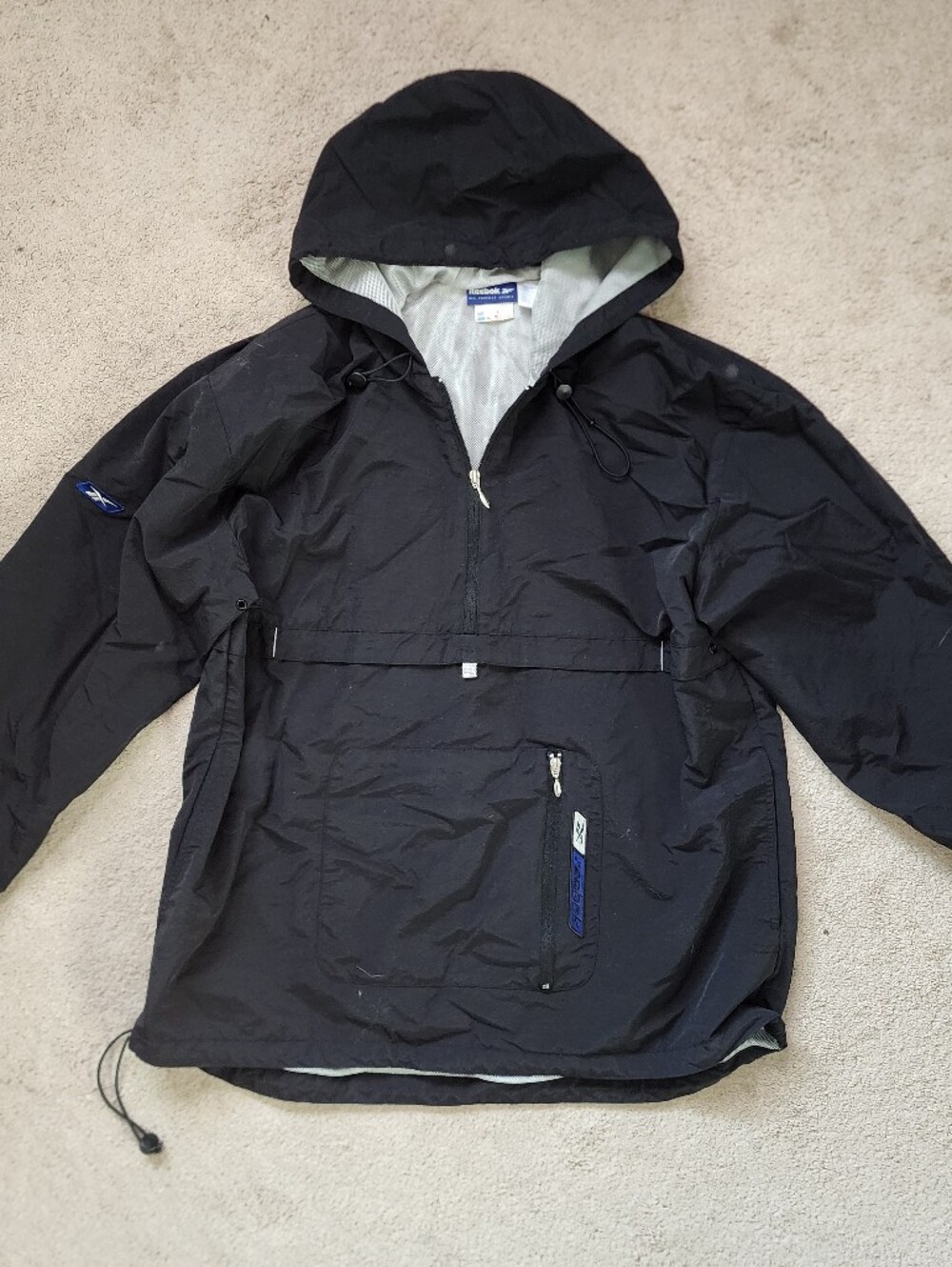 Y2K Reebok Black Hooded Rain Jacket with Subtle Blue Logo